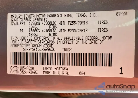 2020 Toyota Tundra Double Cab Sr z USA, uszkodzony, nr VIN 5TFRY5F15LX269636